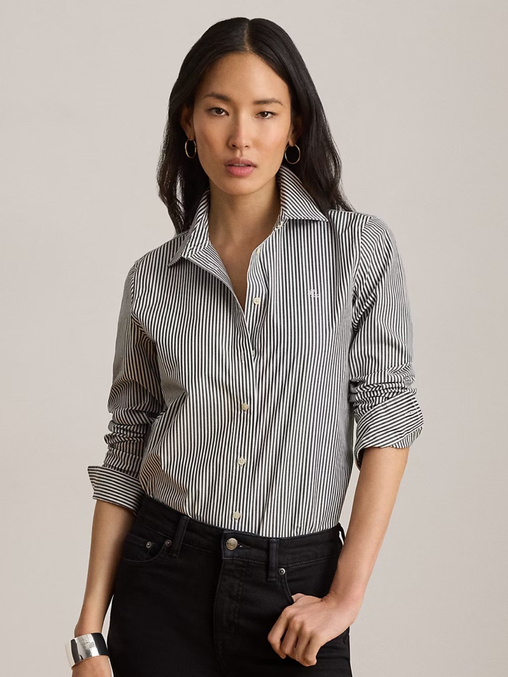NWT Lauren Ralph Lauren Women’s Black & Pink Stripe Button-Down Shirt